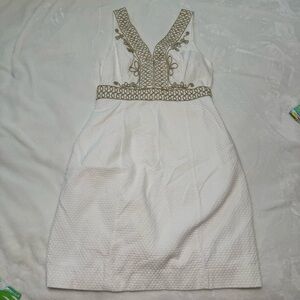 Lilly Pulitzer White and Gold Embellished Aveline Sheath Dress